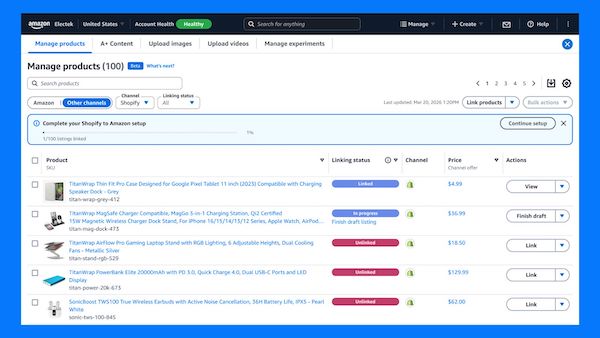 米Amazon、遂にセラーセントラルが他サイト販売の一元管理機能を実装へ。eBay、Shopify、TikTok、Walmartなどに対応