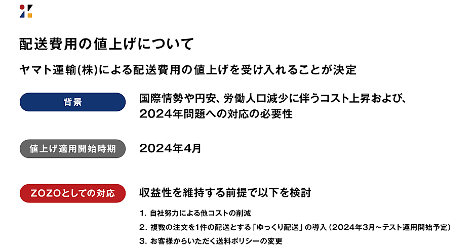 ZOZO、ヤマト運輸からの配送費用値上げで「ゆっくり配送」「送料変更