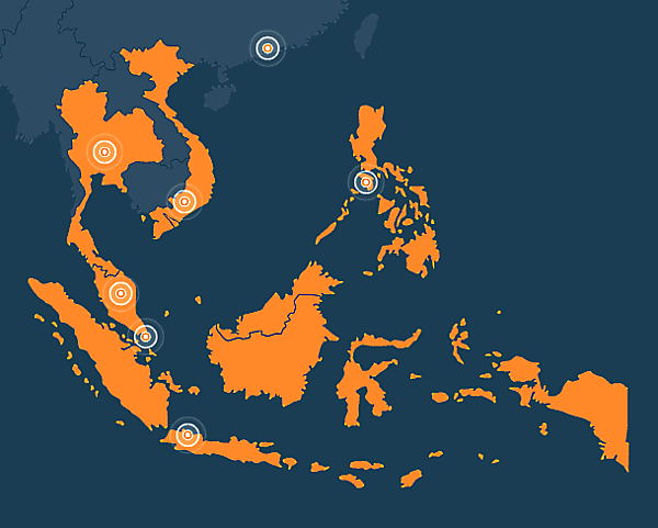 ラザダが展開している国（インドネシア、マレーシア、フィリピン、シンガポール、タイ、ベトナム）