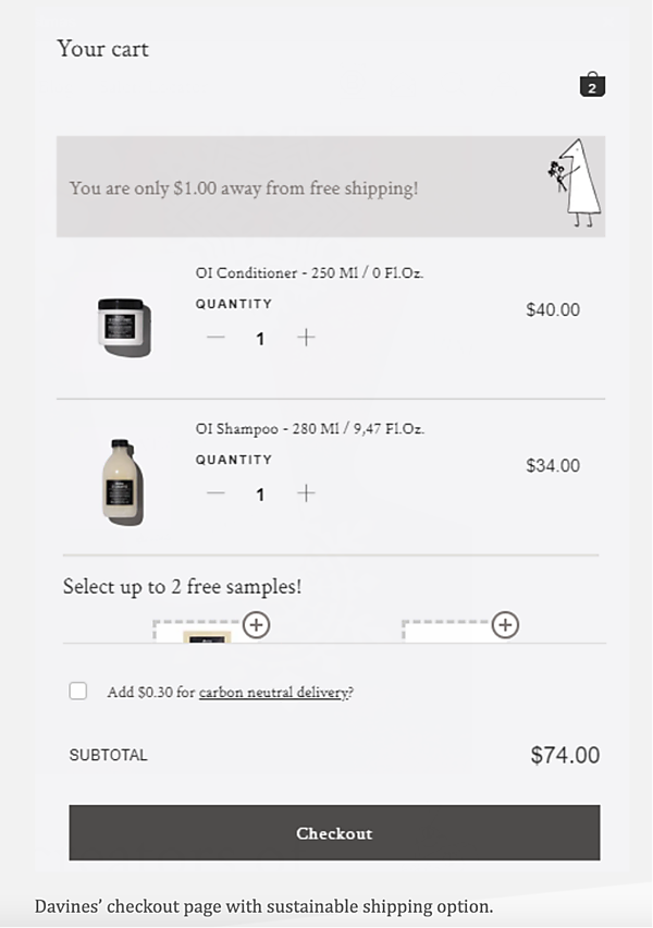 DavinesのECサイトでは、会計時に「カーボンニュートラル配送のために0.3ドルを追加」を選択できる