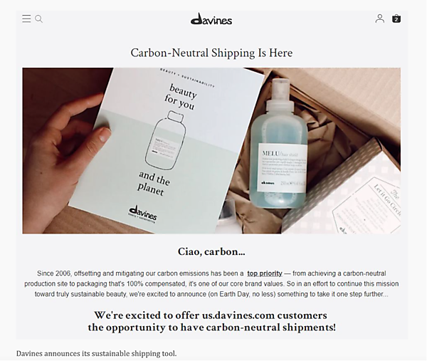 環境問題に配慮した配送ツールを利用していると紹介するDavines