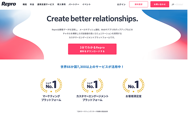 「Repro」のサービス紹介ページ