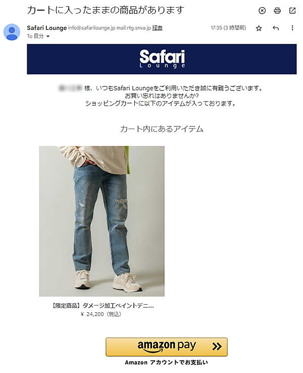 雑誌「Safari」連動のECサイト「Safari Lounge」が高額商品販売、予約商品の注文ロス防止、新規顧客のファン化を実現している施策と「Amazon Pay」の関係性は？ メール型機能（メールによる再アプローチ機能）で送られたメールの例