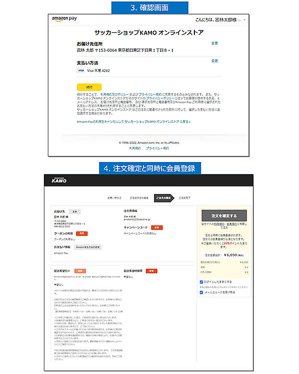 加茂商事 サッカーショップKAMO オンラインストア カート画面のAmazon Pay ボタンを押下した後、会員登録完了までの画面遷移