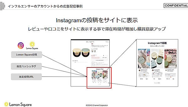 ECサイト内で、インフルエンサーによるSNS投稿を表示する例