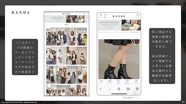 商品詳細ページでは、さまざまなインスタライブのアーカイブのなかで該当商品に触れている個所が自動で再生されるようにした