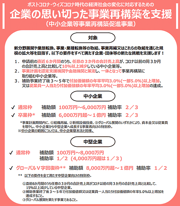 政府は新型コロナウイルス感染症拡大の影響で新規事業への進出、業態展開、事業再編などを進める中小企業の補助事業「中小企業等事業再構築促進事業」を始める