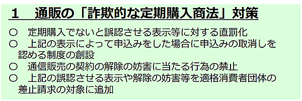 特定商取引法の改正案などを盛り込んだ「消費者被害の防止及びその回復の促進を図るための特定商取引に関する法律等の一部を改正する法律案」。通販・ECの「詐欺的な定期購入商法」対策