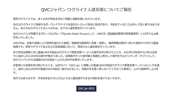 テレビ通販大手のQVCジャパンは、ウクライナとその周辺地域で人道支援を行うUNHCR（国連難民高等弁務官事務所）の日本公式支援窓口である国連UNHCR協会に103万2000円を寄付すると発表
