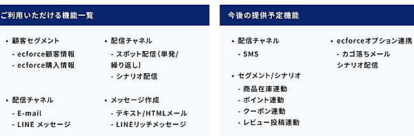 「ecforce ma」の基本性能（右側は今後提供を予定）
