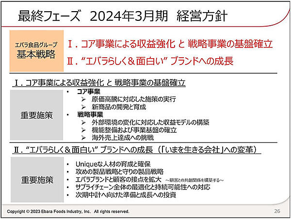 2024年3月期の経営方針（画像はエバラ食品工業のIR資料から編集部がキャプチャ）