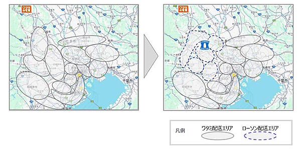ワタミとローソンは4月6日から、商品配送トラックの「物流シェアリング」を開始する　配送エリアイメージ