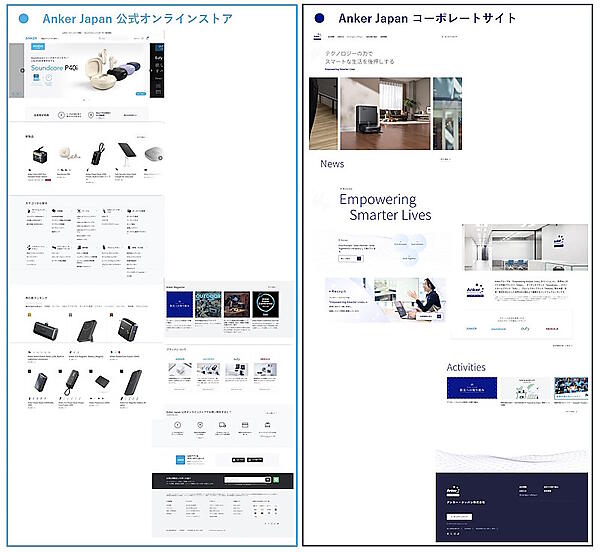 オンラインストアのプレビュー画面（左）とコーポレートサイトのプレビュー画面