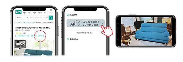 ニトリはAR（拡張現実）を活用し、自宅で家具設置シミュレーションができるサービス「スマホで簡単！3Dで試し置き」を開始