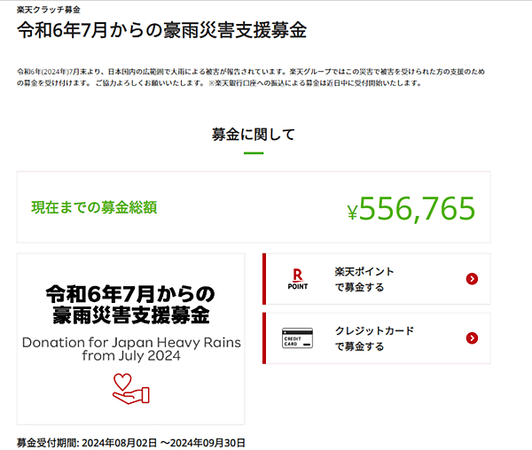 楽天グループは8月6日、インターネット募金「楽天クラッチ募金」で「令和6年7月からの豪雨災害支援募金」への寄付受付を開始した。