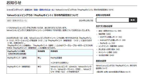 LINEヤフーは2025年2月1日から、「Yahoo!ショッピング」のキャンペーンや特典で付与している「PayPayポイント/ヤフーショッピング商品券」を、「PayPayポイント（期間限定）」に変更する