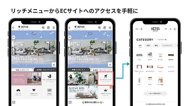 LINE公式アカウントの「リッチメニュー」にECサイトにつながるボタンを設置。流入を促している