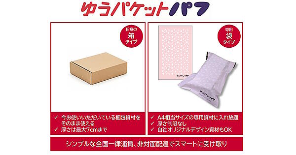 日本郵便が法人向けに提供を始めた小型荷物の配達サービス「ゆうパケットパフ」（画像は日本郵便の発表資料から編集部がキャプチャ）