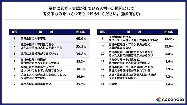 業務に影響・支障が出ている人材不足の要因（複数回答可）