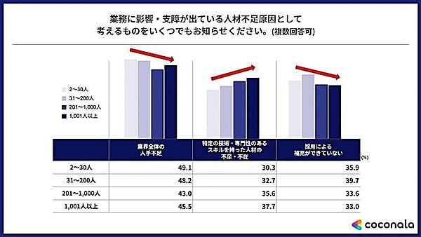 事業規模別：業務に影響・支障が出ている人材不足の要因（複数回答可）