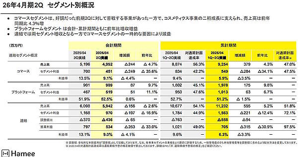 中間期のセグメント別概況（画像はHameeのIR資料から追加）