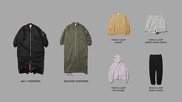 「Yellow by TAKAHISA MASUDA」の一例。左端はブランドを象徴するロンパース型のMA-1「MA-1 ROMPERS」税込4万9500円