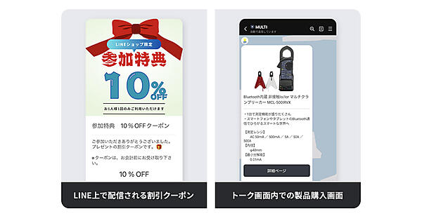 LINE配信の例（左）、トーク画面内での製品購入画面