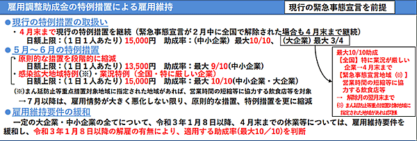 新型コロナウイルスの感染拡大の影響で売り上げが減少した事業者が休業手当を支給して従業員を休ませた場合、政府がその費用の一部を助成する「雇用調整助成金」の特例措置について、3月に緊急事態宣言が解除された場合の方針