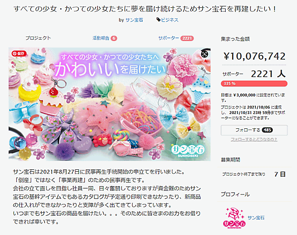民事再生法の申し立てを行い、事業再建中のアクセサリーや雑貨の通販を手がけるサン宝石は、クラウドファンディングを通じて事業再建の資金を募るプロジェクトを行っている