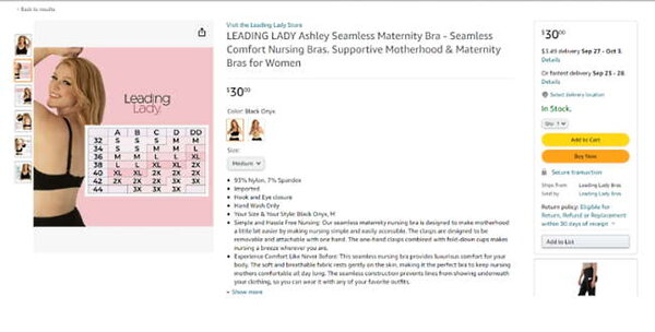Amazonでは、ECサイト（写真下）と比較して、Leading Ladyのブラジャーの説明が長くなっています。また、画像にもより多くの情報を掲載しています。これにはサイズ情報も含まれており、消費者が素早く簡単に特徴を確認できるようになっています