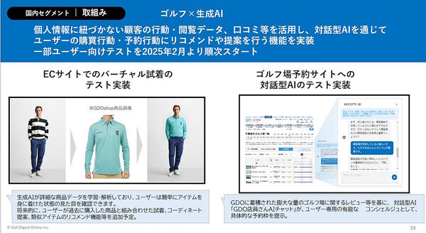 バーチャル試着（左）。運営するゴルフ場予約サイトへの対話型AIのテスト実装も実施（画像はGDPの自社ECサイトから追加）