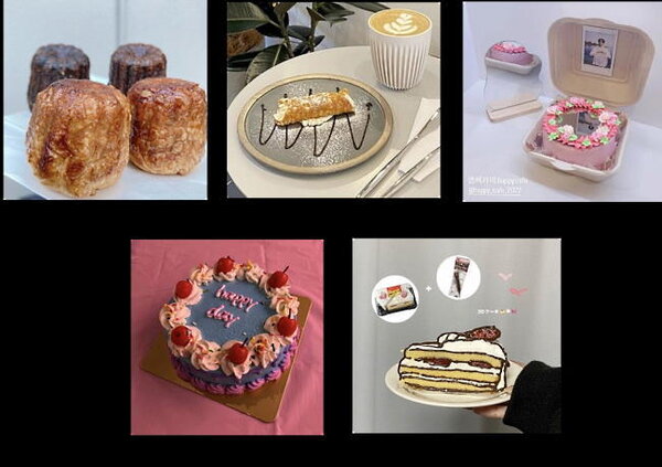 左上から順に「パヌレ」「カンノーロ」「ミラーケーキ」「カラフルケーキ」「2Dアートケーキ」