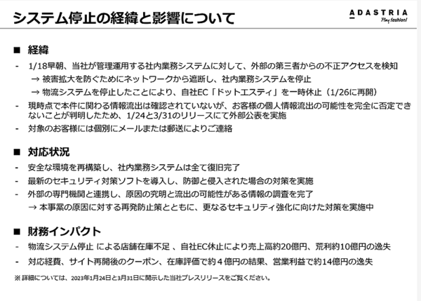 アダストリアは、2023年1月に第三者からのサーバへの不正アクセスで物流システムとECサイト「ドットエスティ（.st）」を1月18～26日まで停止したことにより、売上高で約20億円、粗利約10億円を逸失したと公表