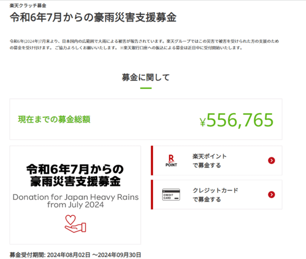 楽天グループは8月6日、インターネット募金「楽天クラッチ募金」で「令和6年7月からの豪雨災害支援募金」への寄付受付を開始した。