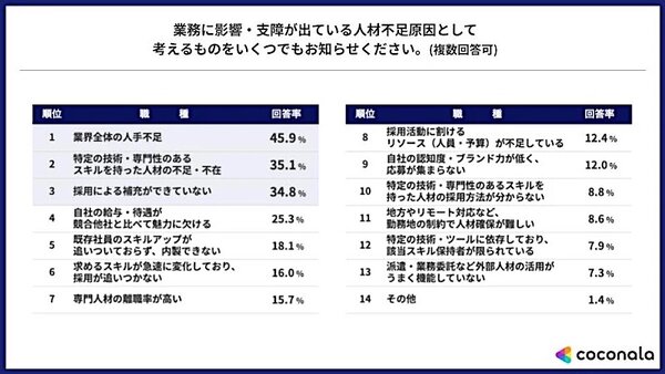 業務に影響・支障が出ている人材不足の要因（複数回答可）