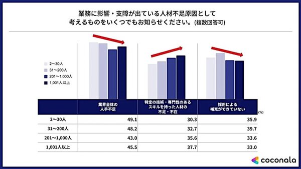 事業規模別：業務に影響・支障が出ている人材不足の要因（複数回答可）