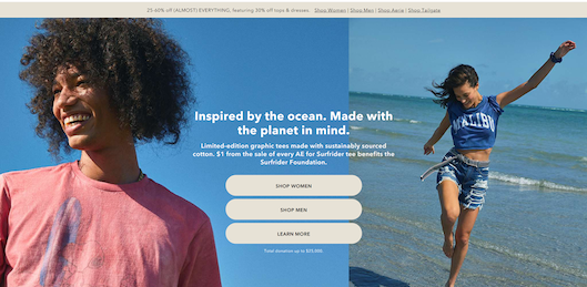 「American Eagle Outfitters」の「AE for Surfrider」紹介ページ